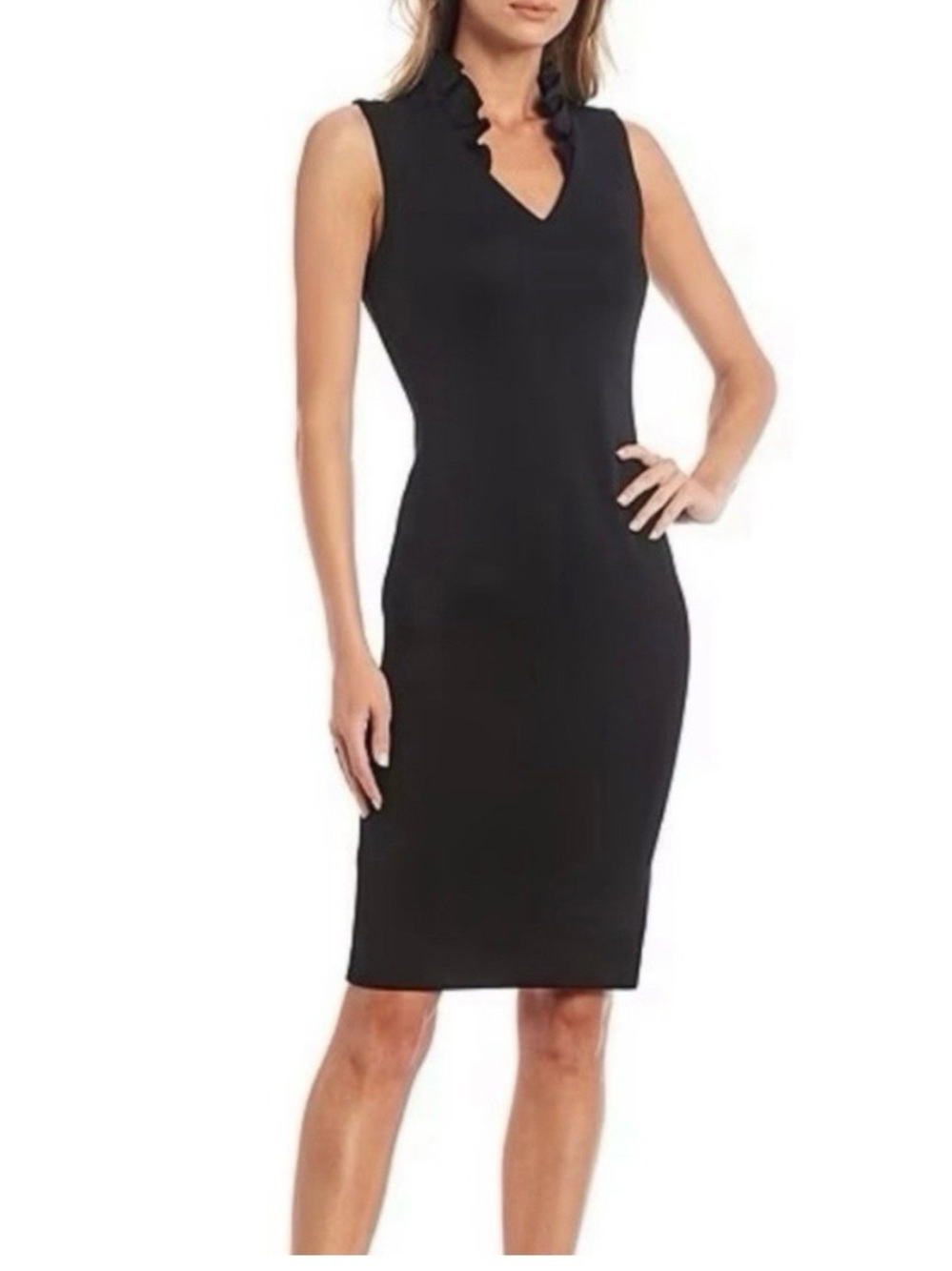 Calvin Klein Size 2 Black Scuba Sleeveless Ruffle Collar Sheath Bodycon Dress